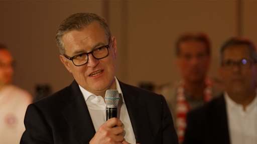 Jan-Christian Dreesen gives at speech at FC Bayern's post-match banquet in Leverkusen