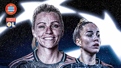 Matchday-Grafik für das UWCL-Viertelfinal-Hinspiel zwischen den FCB-Frauen und Olympique Lyon.