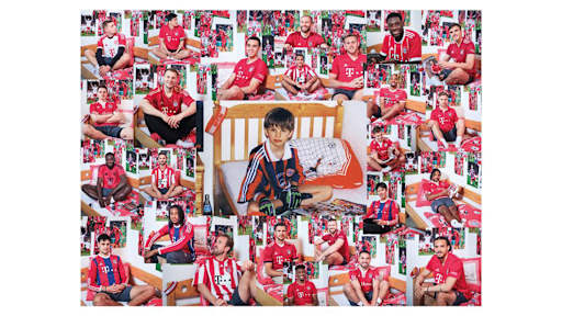 Grafike mit Fotos von Spielern des FC Bayern in einer Nachbildung des Kinderzimmers von Thomas Müller.