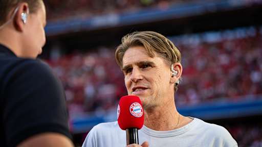 Christoph Freund interviewed prior to kick-off as Bayern faced Tottenham Hotspur in the Telekom Cup.