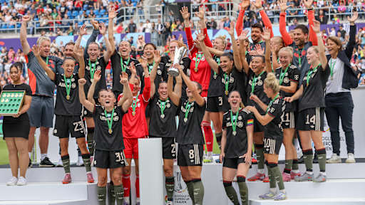 Die FC Bayern Frauen bejubeln den Supercup 2025.