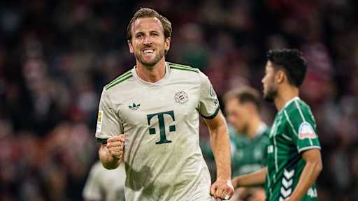 Harry Kane bejubelt sein Tor zum 2:0 im Bundesliga-Heimspiel des FC Bayern gegen den SV Werder Bremen.
