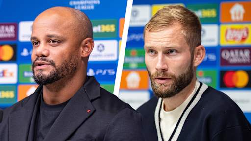 Konrad Laimer und Vincent Kompany auf der PK vor dem Spiel in Paphos