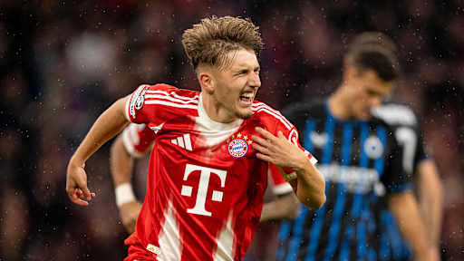 Lennart Karl celebrates after scoring his first Champions League goal in FC Bayern's match against Club Brugge.