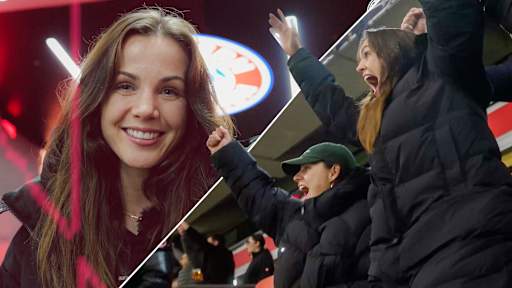 Tuva Hansen and Lena Oberdorf celebrate in the stands.
