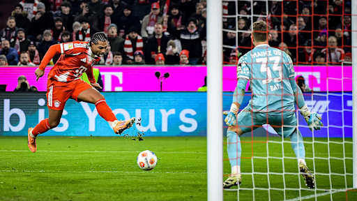 Serge Gnabry beim Torschuss während des Bundesliga-Heimspiels des FC Bayern gegen den 1. FSV Mainz 05