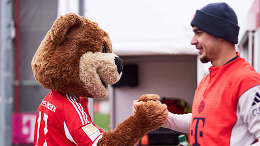 Maskottchen Berni und Aleksandar Pavlovic schlagen ein vor dem Training des FC Bayern