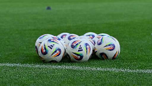 Bälle der Frauen-Bundesliga auf einem Rasen liegend.