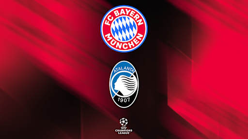 Logos des FC Bayern, Atalanta Bergamo und der Champions League auf schwarz-rotem Hintergrund