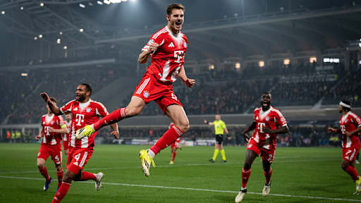 Josip Stanisic jubelt nach dem Tor zum 1:0 im Hinspiel des FC Bayern bei Atalanta Bergamo im Champions League Achtelfinale