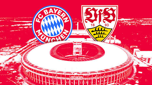 Grafik mit den Logos vom FC Bayern und VfB Stuttgart und dem Berliner Olympiastadion