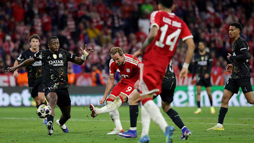 Harry Kane erzielt das 1:1 im Rückspiel des FC Bayern gegen Paris Saint-Germain in der Champions League