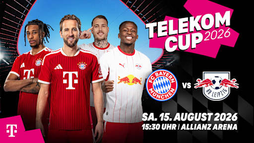 Grafik mit Michael Olise, Harry Kane, David Raum und El Chadaille Bitshiabu, den Logos des FC Bayern und von RB Leipzig und dem Schriftzug Telekom Cup