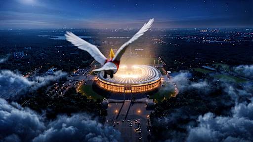 Ein KI-generierter Kakadu fliegt über dem Berliner Olympiastadion