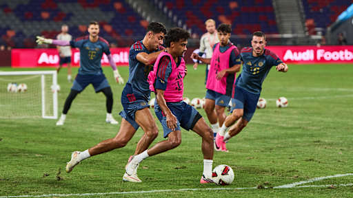 Nathaniel Brown and Aleskandar Pavlovic in a tussle during FC Bayern training