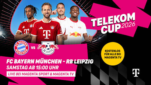 Grafik mit Michael Olise, Harry Kane, David Raum und El Chadaille Bitshiabu, den Logos des FC Bayern und von RB Leipzig und dem Schriftzug Telekom Cup