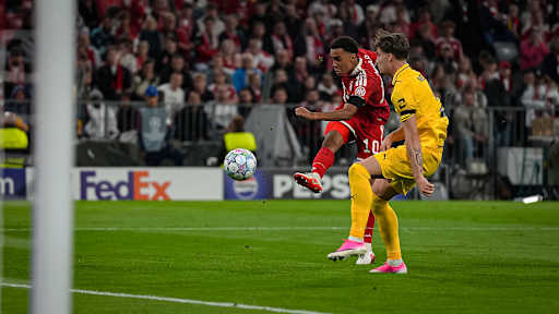 Jamal Musiala schießt den Ball ins Tor während des Heimspiels des FC Bayern in der Champions League gegen FK Bodø/Glimt