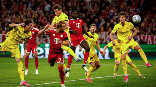 Harry Kane trifft per Kopf während des Heimspiels des FC Bayern in der Champions League gegen FK Bodø/Glimt