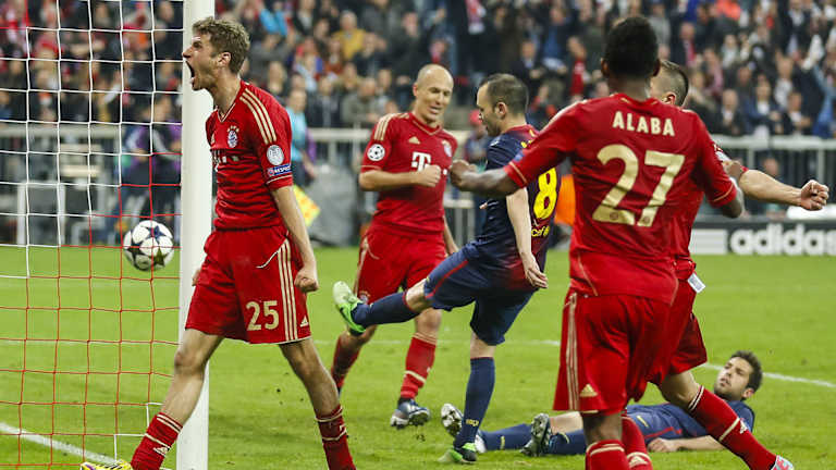 Thomas Müller celebrates against Barcelona in the 2012/13 Champions League semi-final.