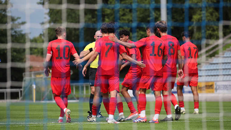 FC Bayern Amateure stehen im Kreis und jubeln