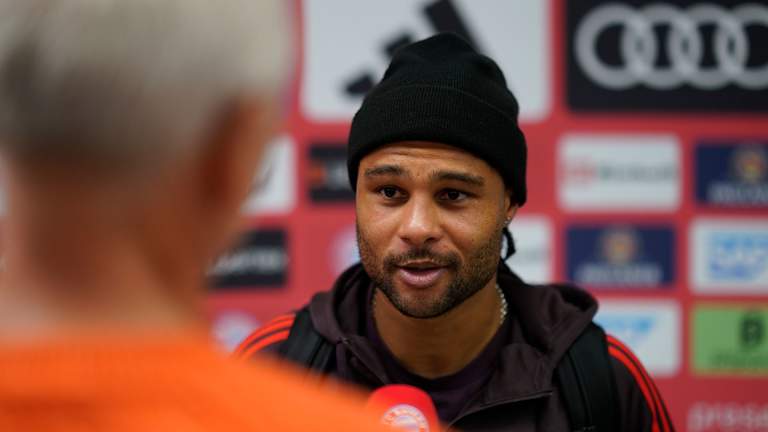 Serge Gnabry being interviewed after FC Bayern's Bundesliga match against Bayer 04 Leverkusen