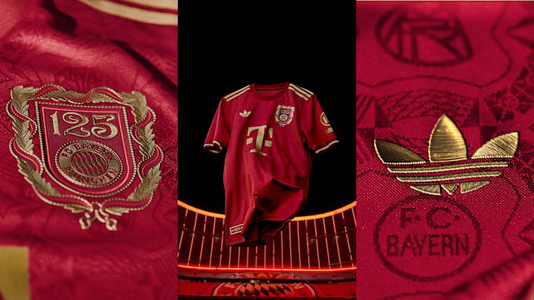 FC Bayern and adidas special jersey for club's 125th birthday in Bordeaux red with gold embellishments