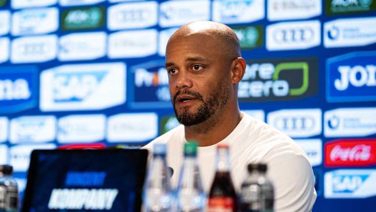 Vincent Kompany speaks at the press conference after FC Bayern's Bundesliga game at TSG Hoffenheim