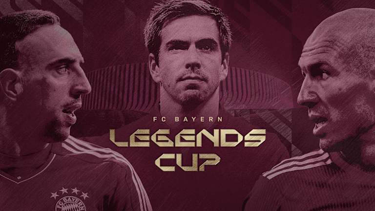 Grafik mit Franck Ribery, Philipp Lahm und Arjen Robben sowie einem goldenen Schriftzug "FC Bayern Legends Cup"