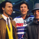 Der Kaiser auf dem Eis, mit DEB-Kapitän Alois Schloder (Mitte) und dem legendären Bundestrainer Xaver "Xari" Unsinn.