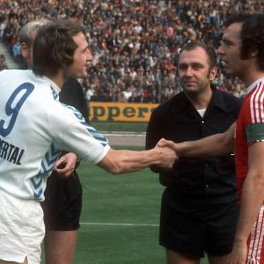 Günter Pröpper (Wuppertaler SV) and Franz Beckenbauer (FC Bayern Munich) - Shake hands before the game