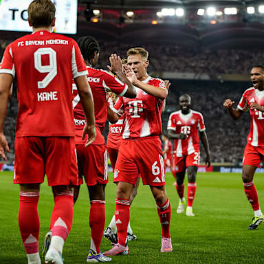 Joshua Kimmich und seine Teamkollegen bejubeln das Tor zum 2:0 ein während des Franz Beckenbauer-Supercup zwischen dem VfB Stuttgart und dem FC Bayern