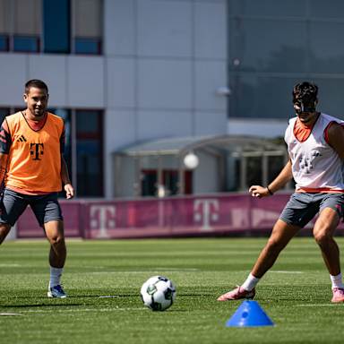 Guerreiro, Pavlovic und Kollegen spielen sich den Ball zu im Training des FC Bayern vor dem Pokalspiel in Wiesbaden.