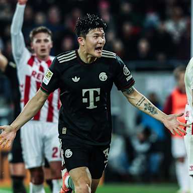 Minjae Kim jubelt nach dem 2:1 im Bundesliga-Spiel des FC Bayern beim 1. FC Köln