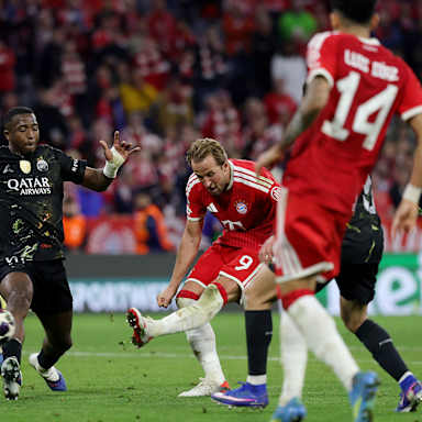 Harry Kane erzielt das 1:1 im Rückspiel des FC Bayern gegen Paris Saint-Germain in der Champions League