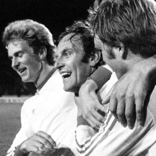 Bulle Roth wird umarmt von den Teamkollegen nach dem Sieg des FC Bayern im Europapokal der Landesmeister 1976