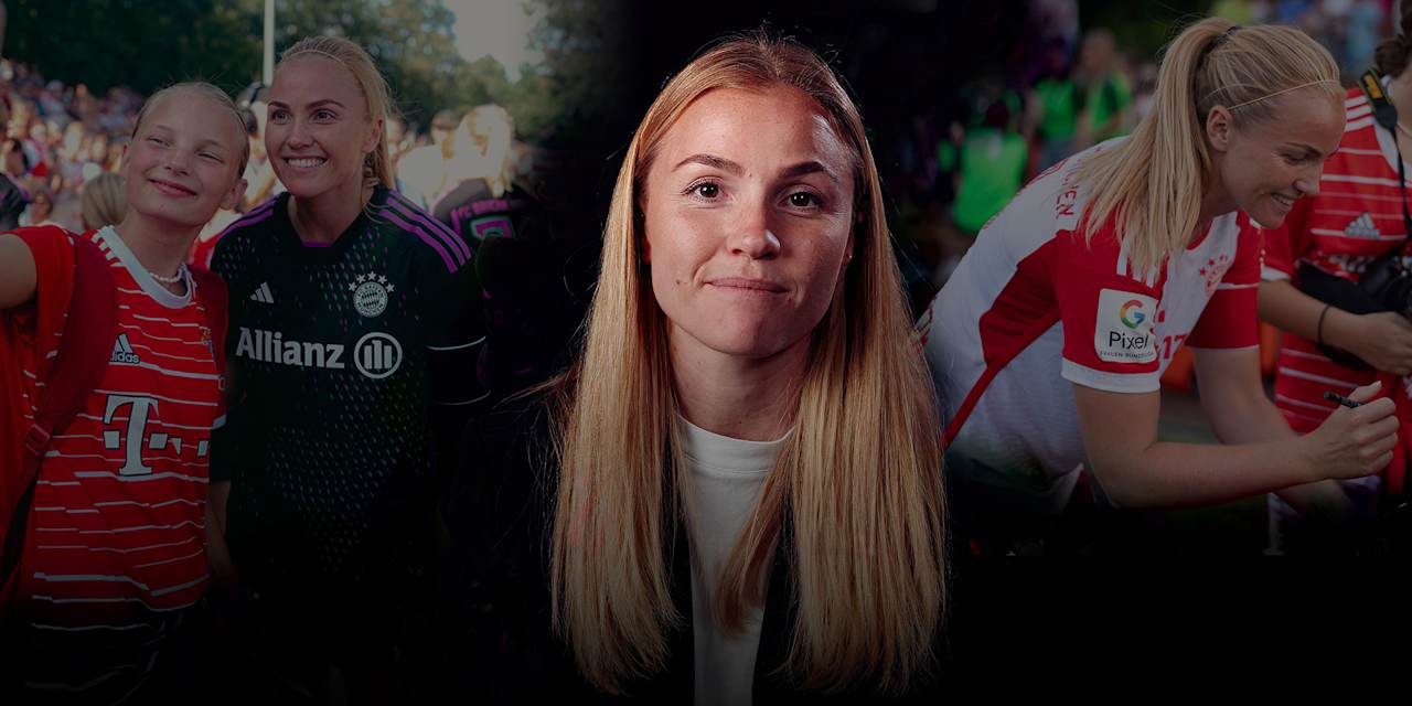 Glódís Perla Viggósdóttir vom FC Bayern mit einem Fan beim Selfie machen.