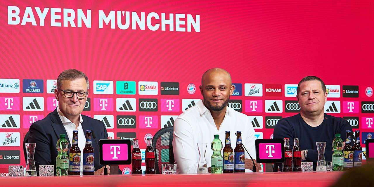 Jan-Christian Dreesen, Vincent Kompany und Max Eberl bei der Präsentation des neuen FC Bayern-Trainers