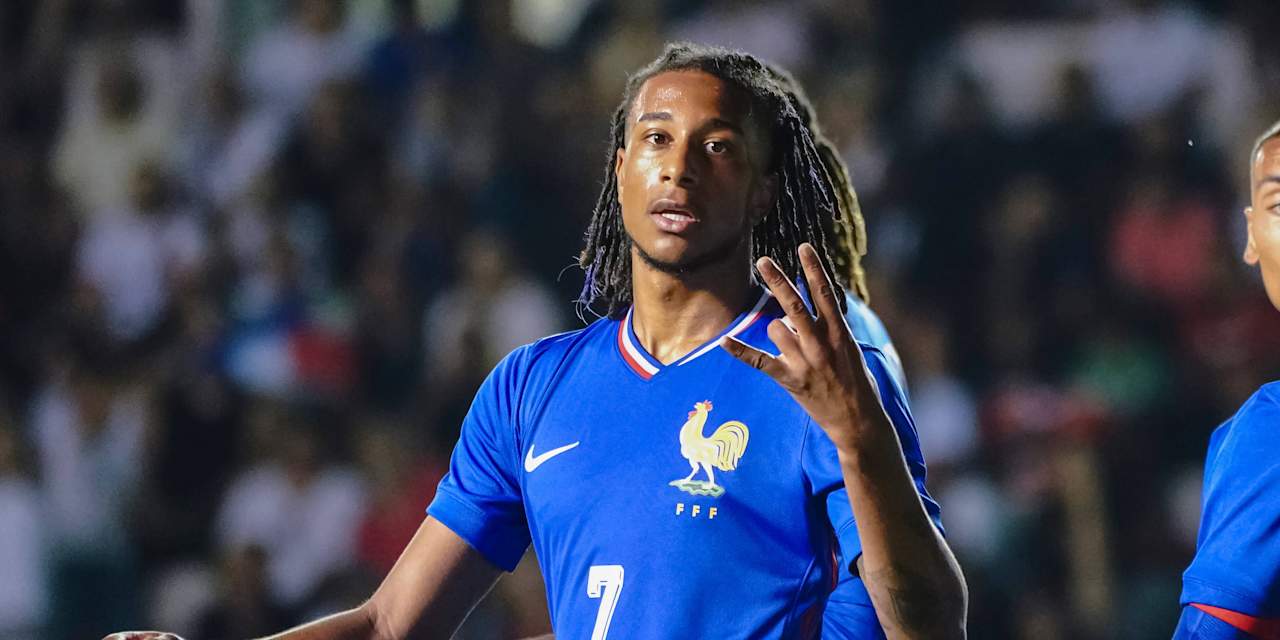 Michael Olise celebrates one of his goals for the French Olympic team against the Dominican Republic.
