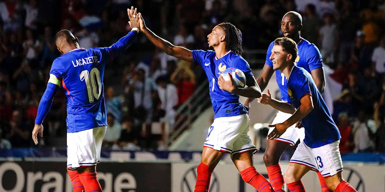 Michael Olise celebrates his goal against Japan for the France Olympic team.