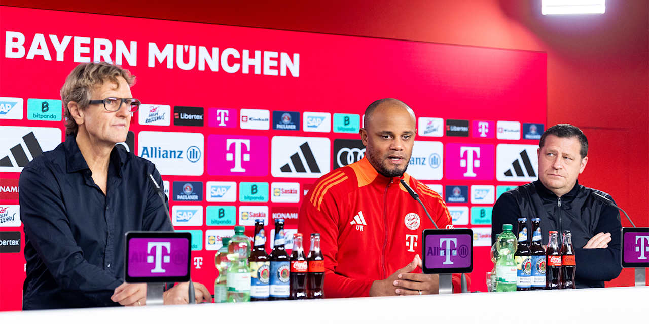 Dieter Nickles, Vincent Kompany und Max Eberl im Pressetalk vor Leipzig-Heimspiel
