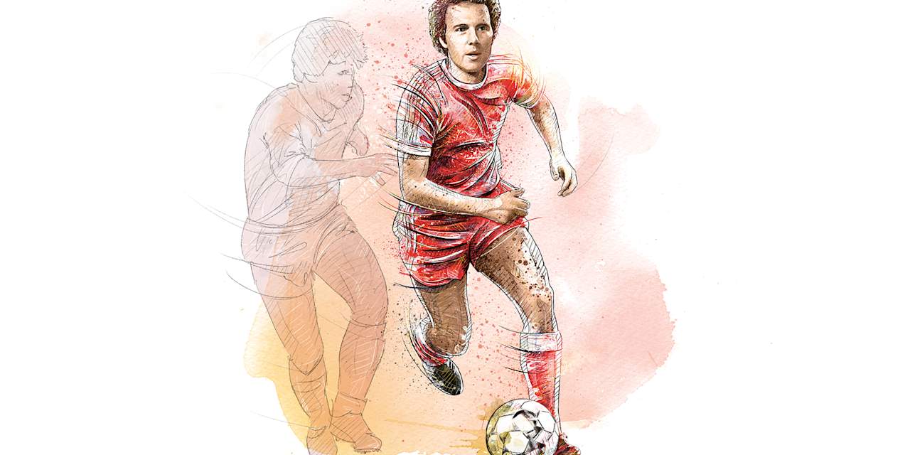 An illustration showing Franz Beckenbauer dribbling.