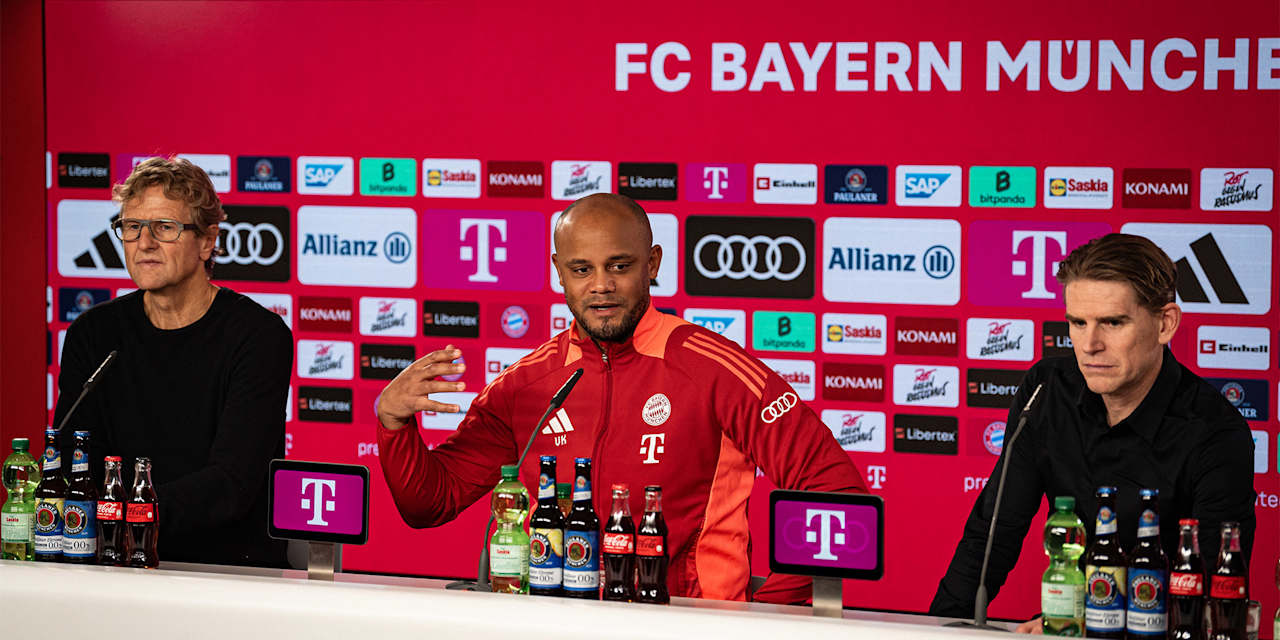Dieter Nickles, Vincent Kompany und Christoph Freund im Pressetalk des FC Bayern vor dem Hinrunden-Finale 2024/25 gegen Hoffenheim.