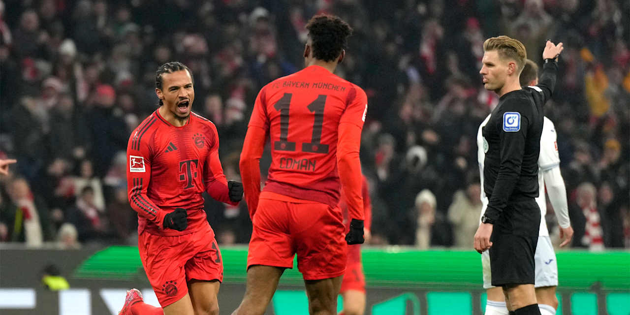 Leroy Sané celebrates after scoring the FC Bayern January 2025 Goal of the Month.