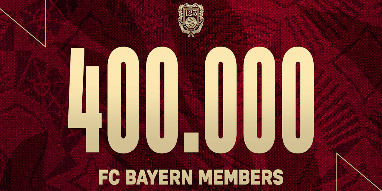 Gráfica con letras FC Bayern 400.000 socios sobre fondo rojo