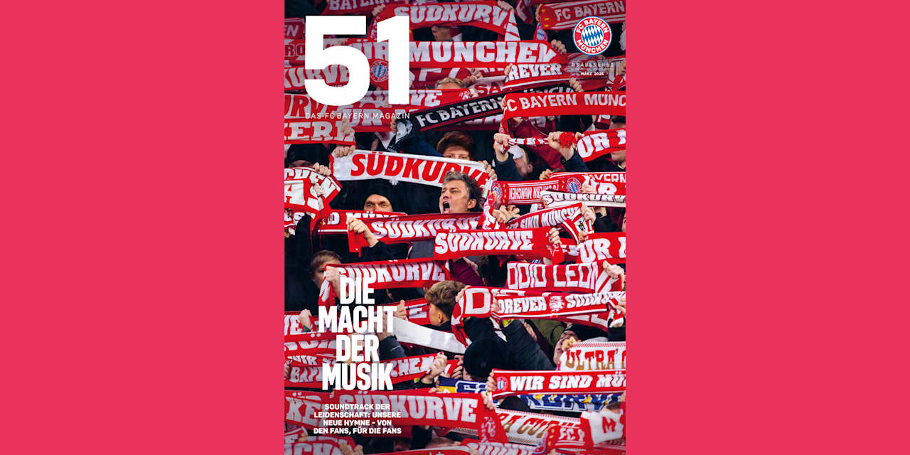 Cover des Mitgliedermagazins 51 Ausgabe März 2025, Tenor Jonas Kaufmann singt in der Südkurve umringt von Bayern-Fans
