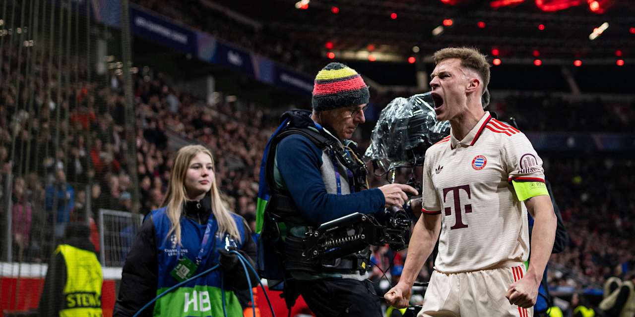 Kimmich jubelt im Champions League-Spiel Bayer 04 Leverkusen - FC Bayern