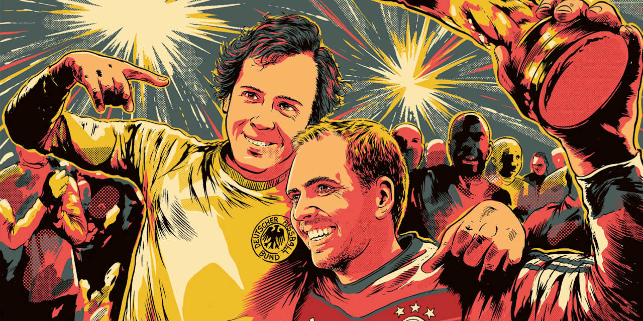 Una ilustración de Franz Beckenbauer y Philipp Lahm con camisetas de la DFB.