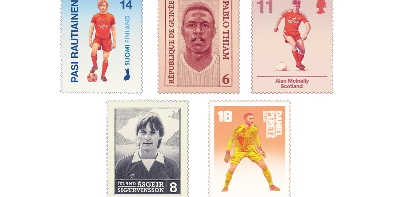 Porträts ehemaliger FC Bayern-Spieler als Briefmarke