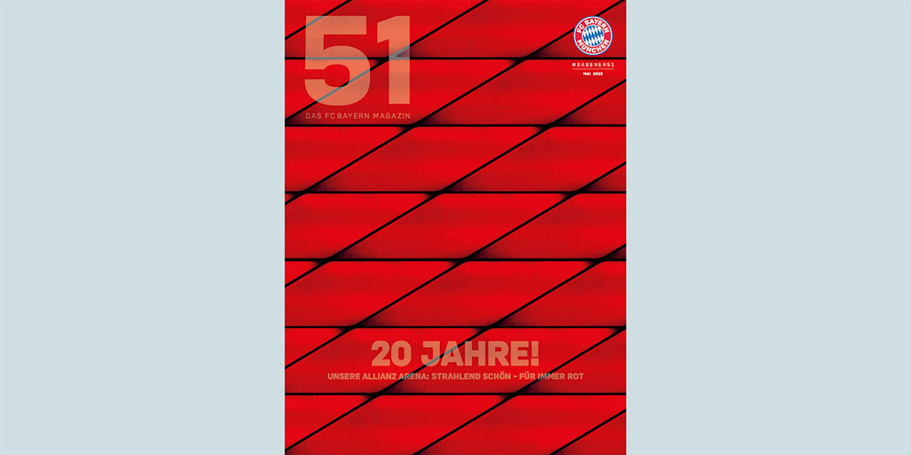 Cover des FC Bayern Mitgliedermagazins 51 im Mai 2025 - Fassade der Allianz Arena