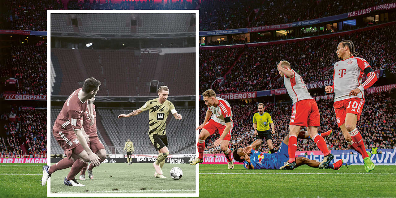 Collage: An FC Bayern match at a sold-out Allianz Arena, with a cutout from the Covid era with empty stands